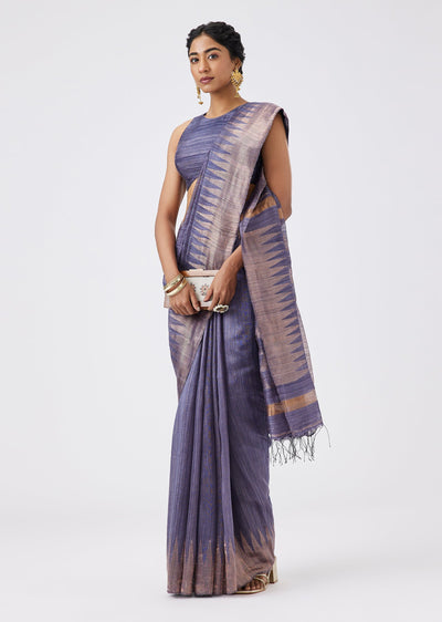 Grey Chanderi Kota Silk Saree With Zari Temple Border