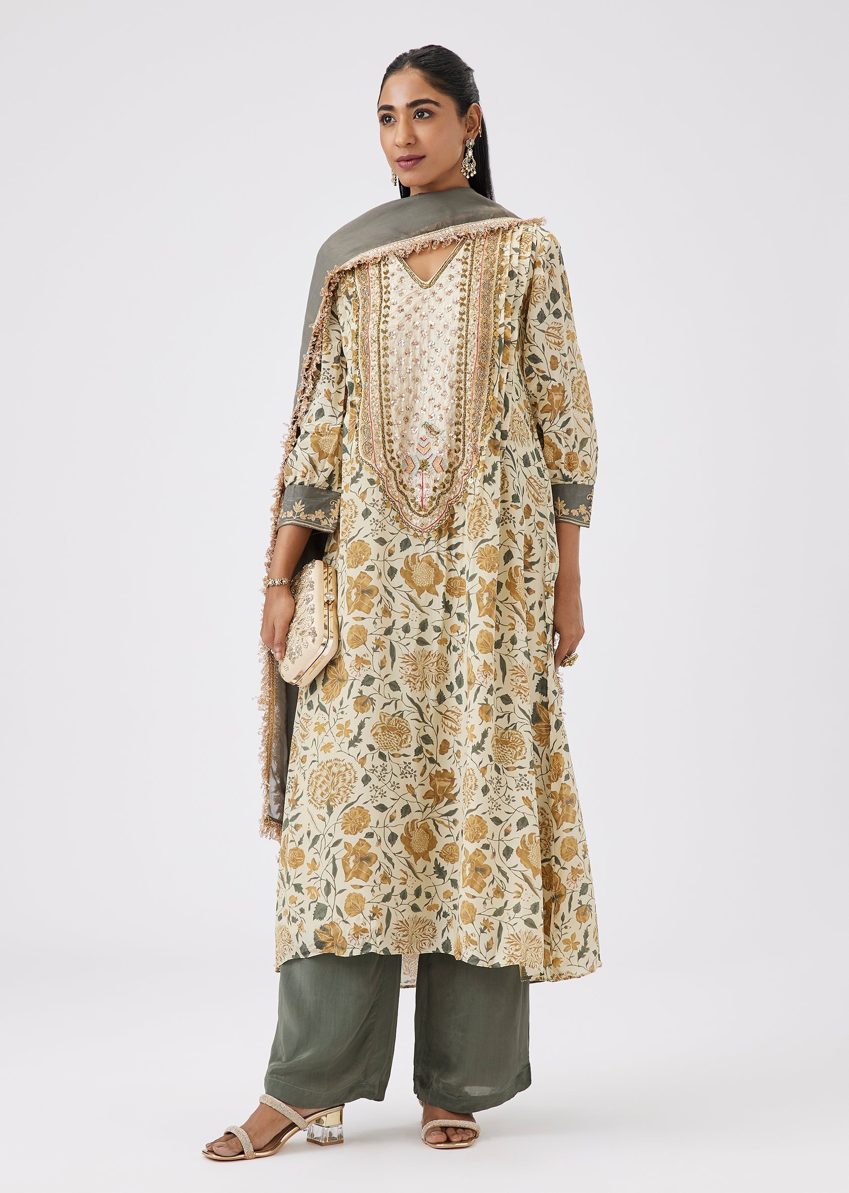 Grey Chinon Floral Print Anarkali Suit Set