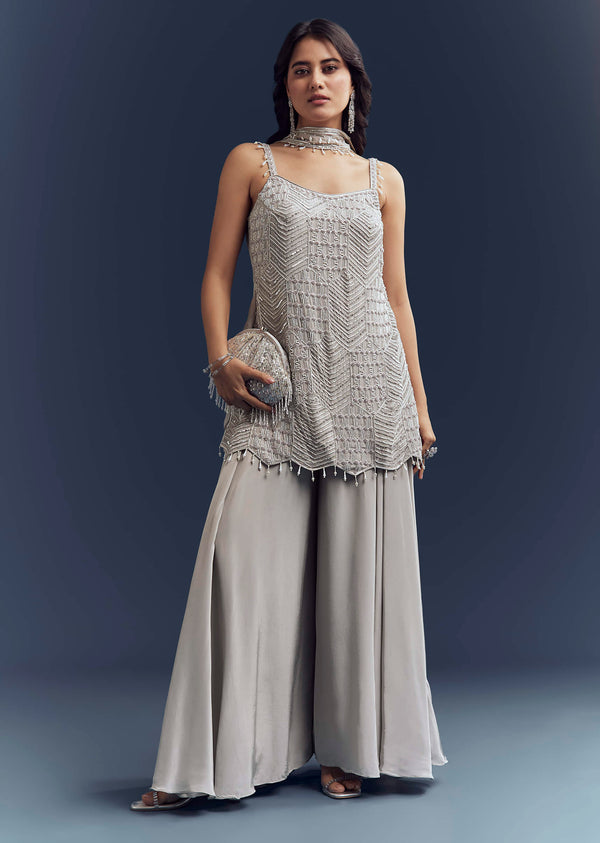Grey Chinon Palazzo Suit With Cutdana And Moti Work