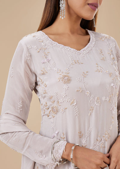 Grey Chinon Sequin Embroidered Sharara Suit Set
