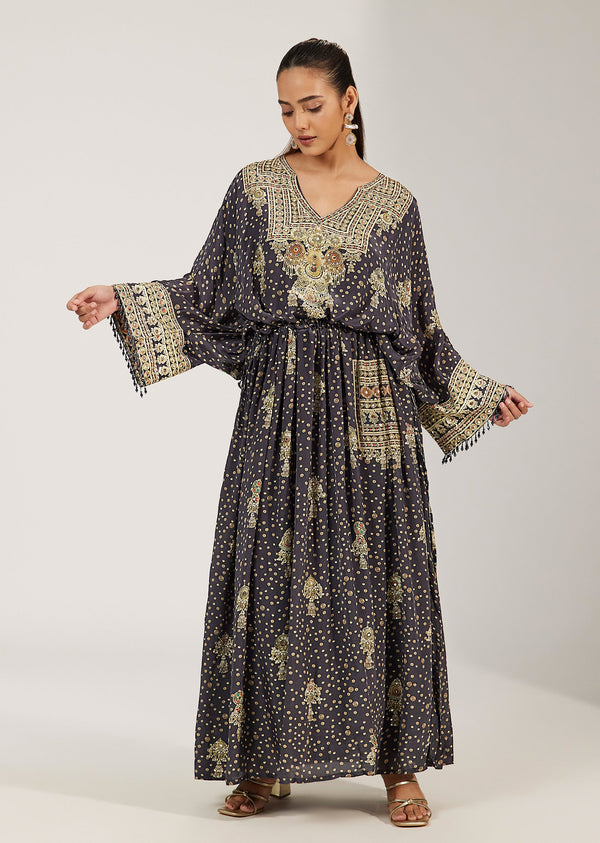 Grey Crepe Printed Kaftaan Style Long Dress With Sequin And Mirror Work