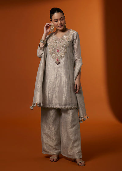 Grey Crushed Tissue Zardozi Embroidered Palazzo Suit Set