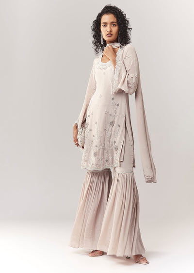 Grey Cutdana And French Knot Kurta Sharara Set With Dupatta