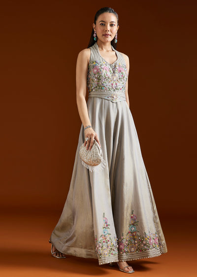 Grey Embellished Tissue Jumpsuit With Belt