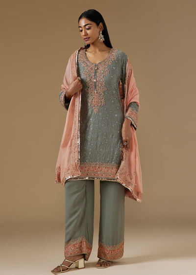 Grey Georgette Kurta Set With Resham Bead And Foil Mirror Embroidery