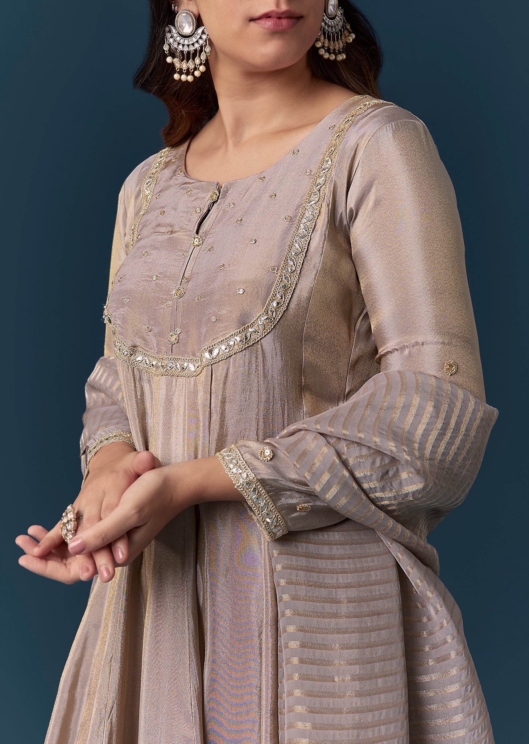 Buy Grey Gotta Lace Tissue Anarkali Suit Set With Pant And Dupatta