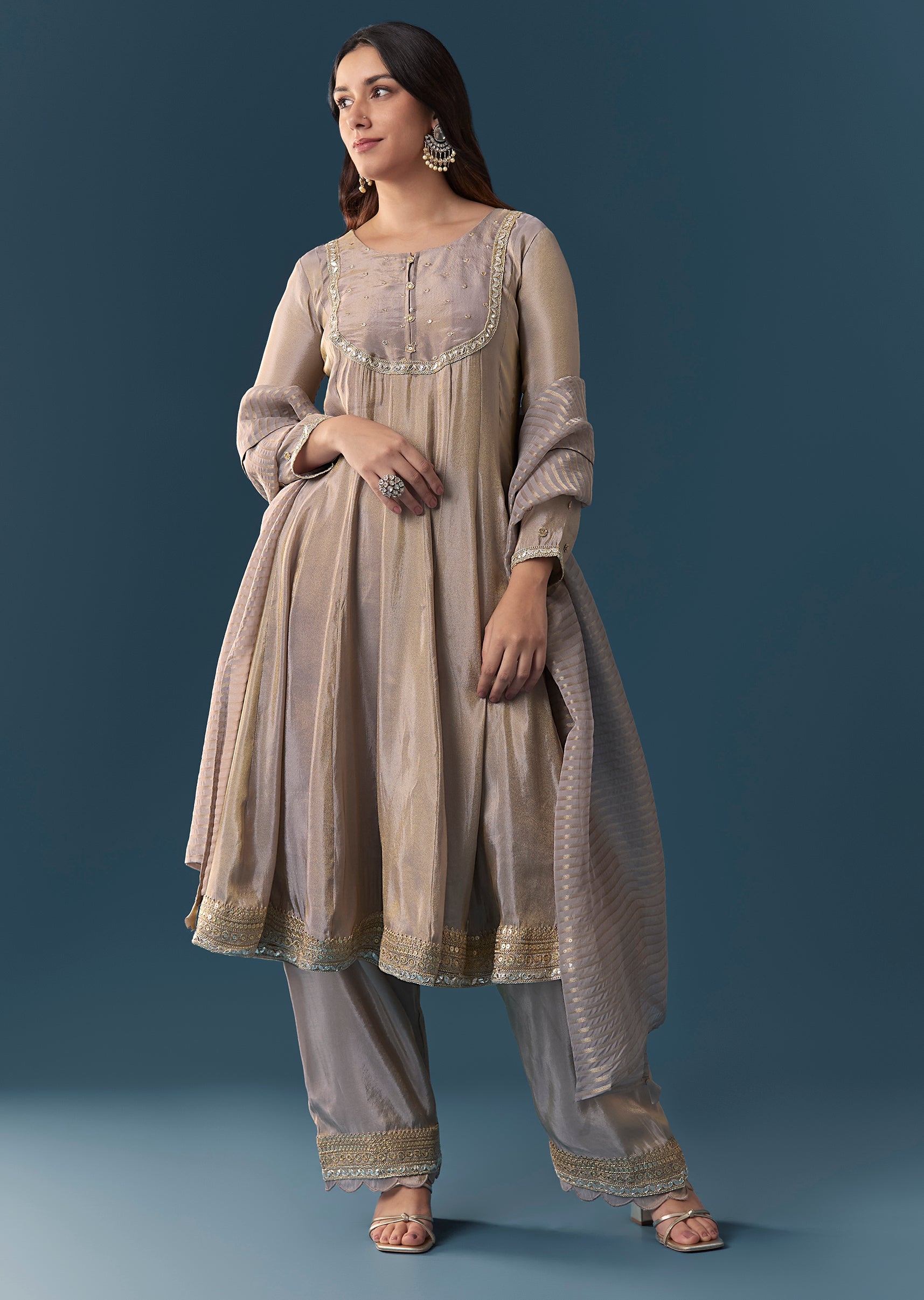 Buy Grey Gotta Lace Tissue Anarkali Suit Set With Pant And Dupatta