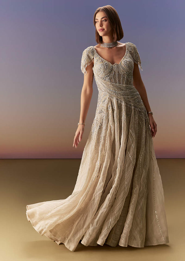 Buy Grey Gown With Draped Cap Sleeves And Flowing Embroidered Flare | KALKI Fashion India Buy Grey Gown With Draped Cap Sleeves And Flowing Embroidered Flare | KALKI Fashion India