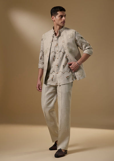 Grey Linen French Knot Embroidered Kurta Jacket Set