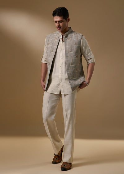 Grey Linen Jacket Kurta Set With Checked Resham Embroidery