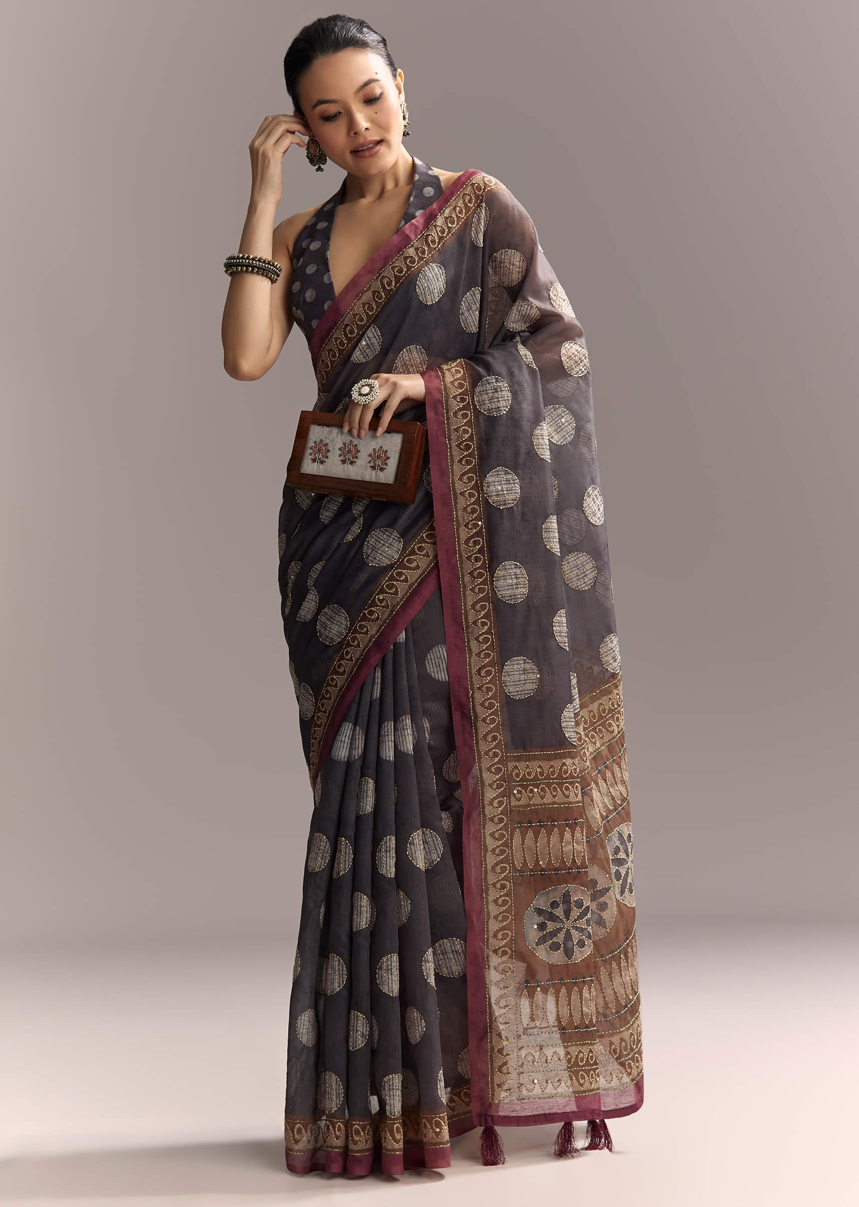 Grey Linen Saree With Authentic Ajrakh Print And Kantha Work