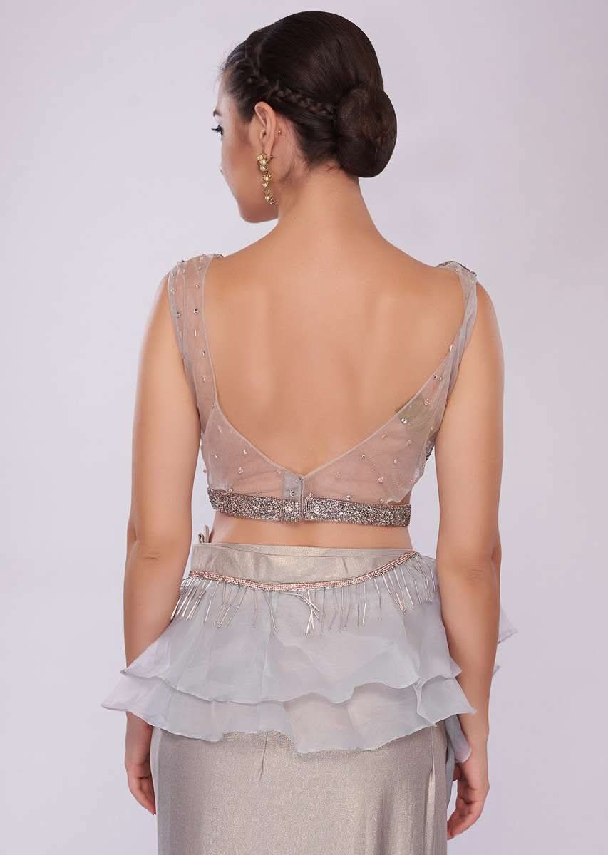 Grey lycra saree with draped pleats and ruffled organza pallo 