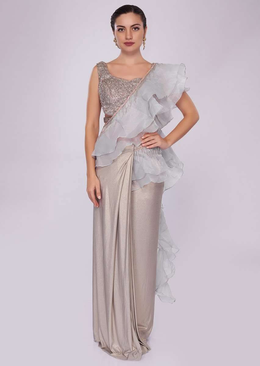 Grey lycra saree with draped pleats and ruffled organza pallo 