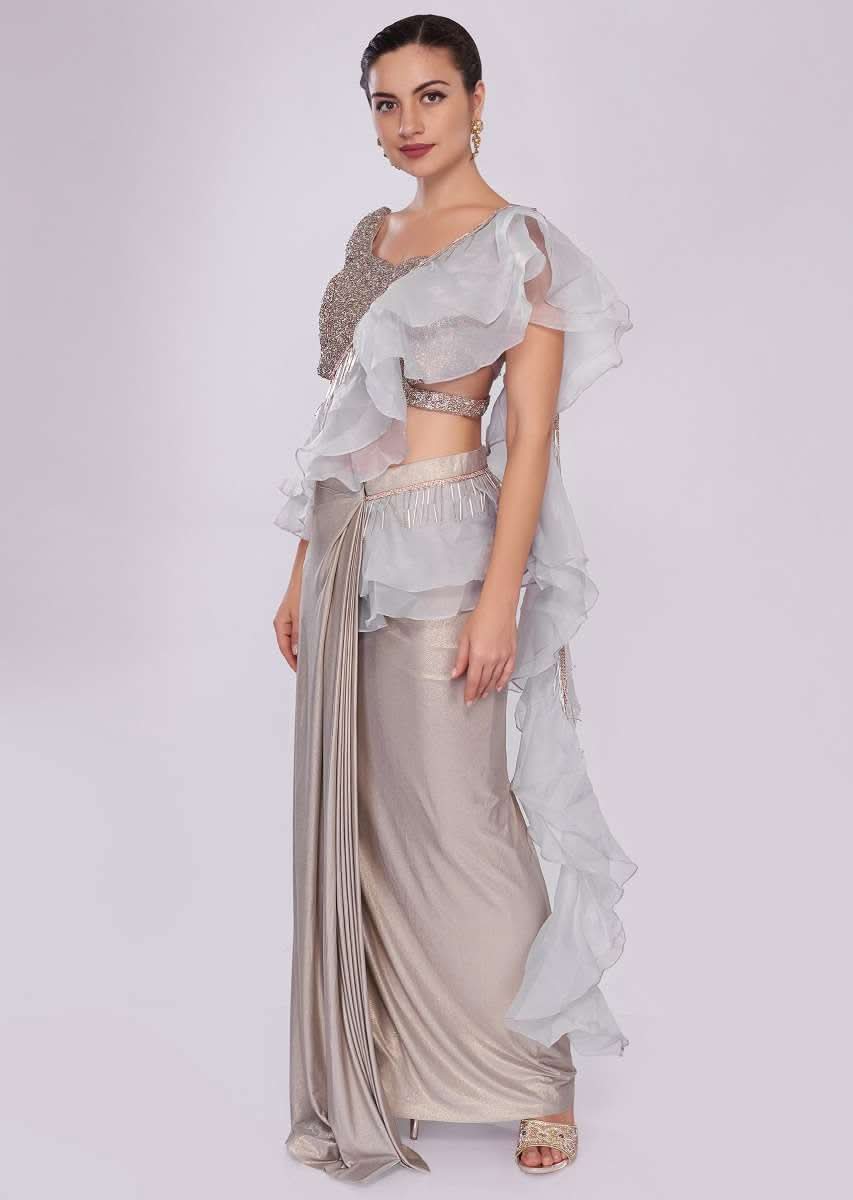 Grey lycra saree with draped pleats and ruffled organza pallo 