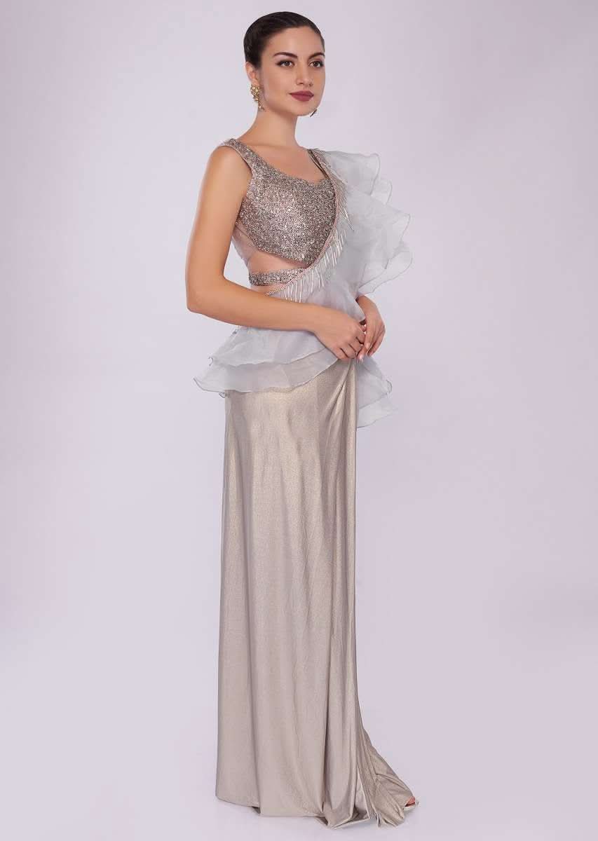 Grey lycra saree with draped pleats and ruffled organza pallo 