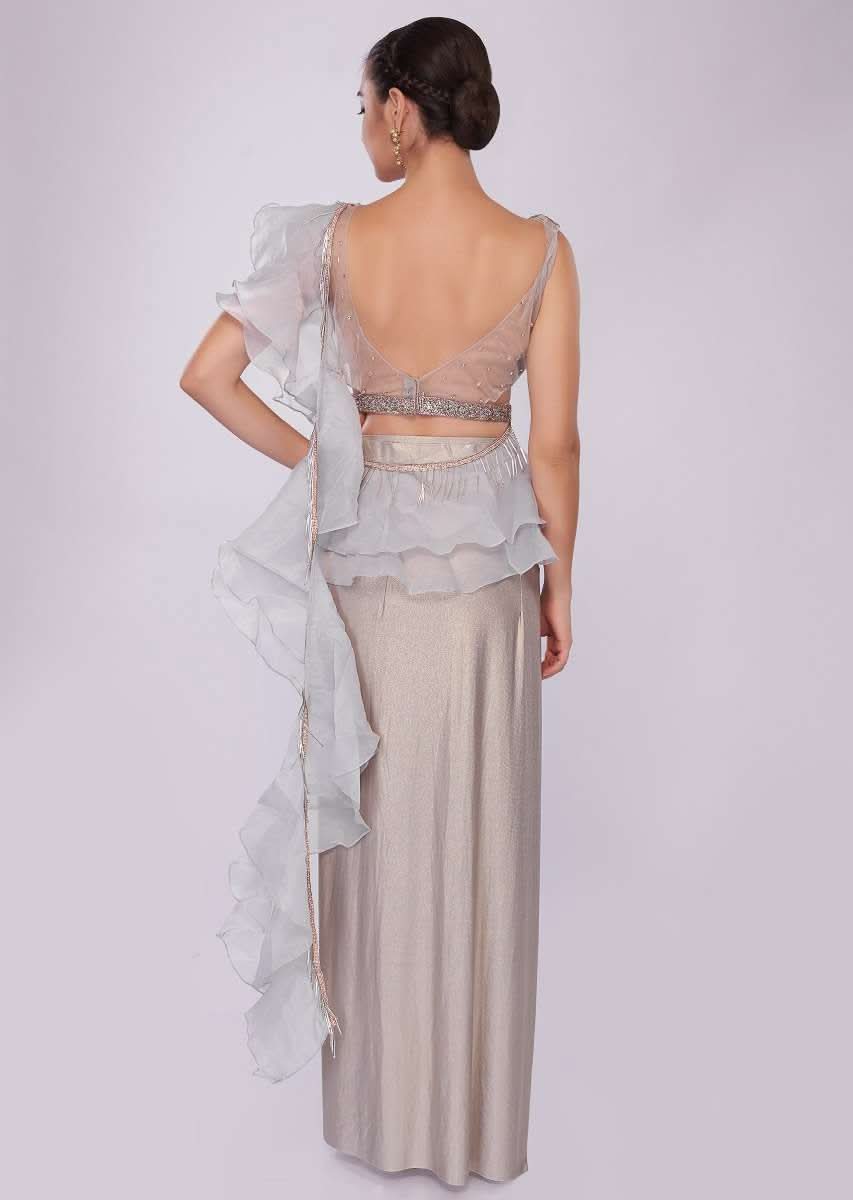 Grey lycra saree with draped pleats and ruffled organza pallo 