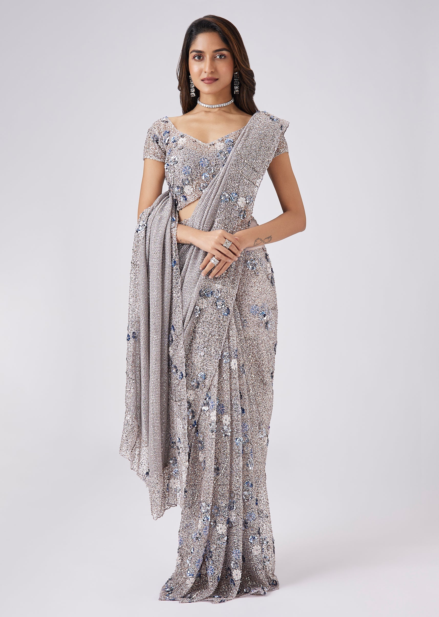Grey Net Half And Half Sequin Saree With Ready Stitched Blouse