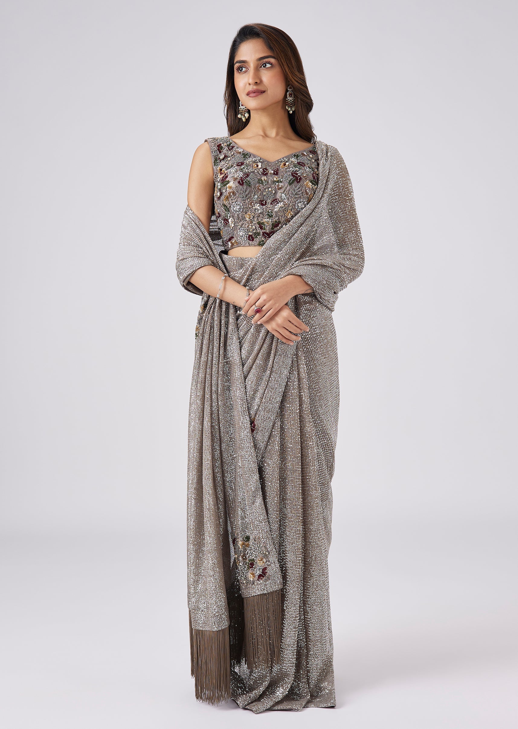 Grey Net Sequin Saree With Floral Embellished Border