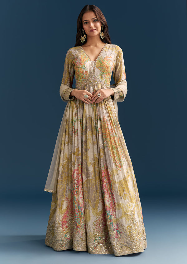 Grey Printed Chinon Anarkali Suit With Zari Work