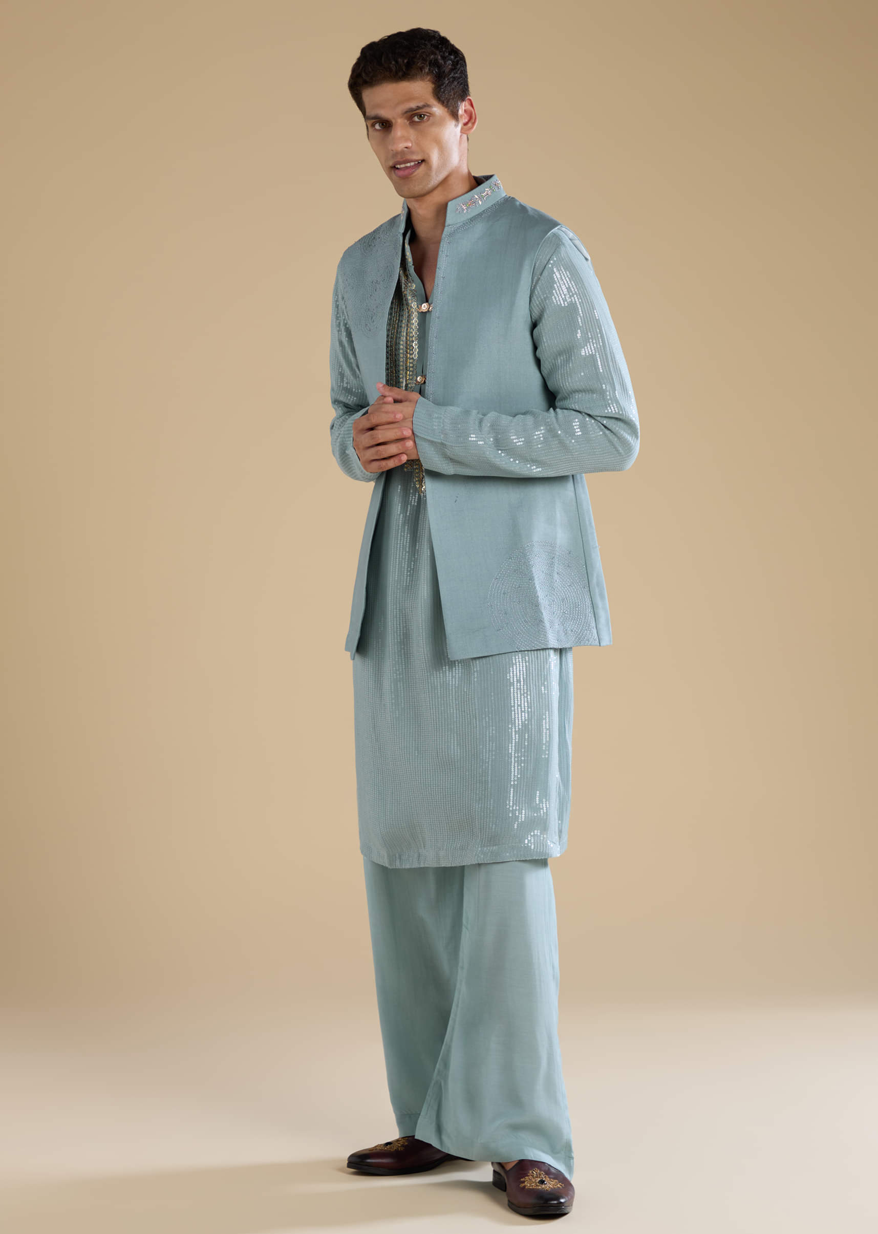 Grey Sequin Embellished Kurta and Jacket Set