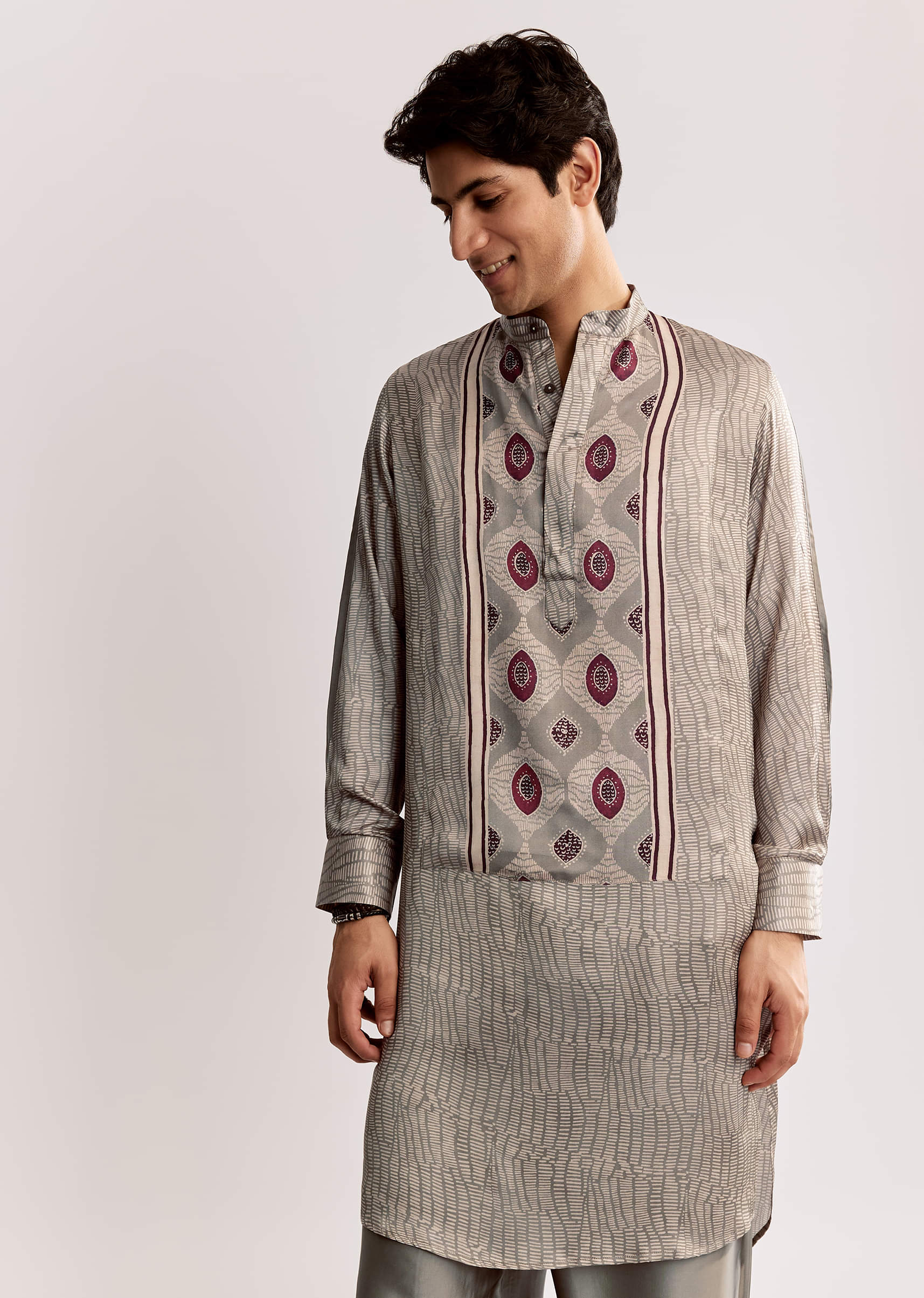 Grey Ajrakh Printed Kurta Set In Silk