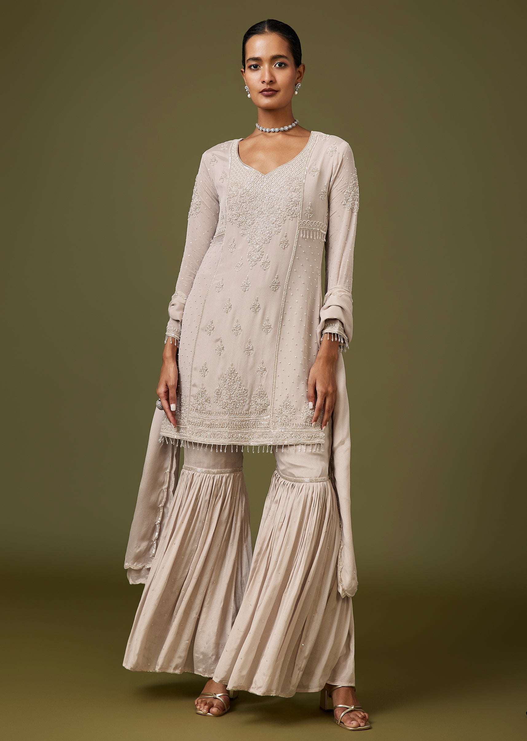 Grey Sweetheart Neck Sharara Suit With Cut Dana And Moti Work