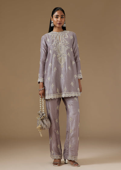 Grey Tissue A Line Kurta Set With Cut Dana Moti And Sequin Embroidery