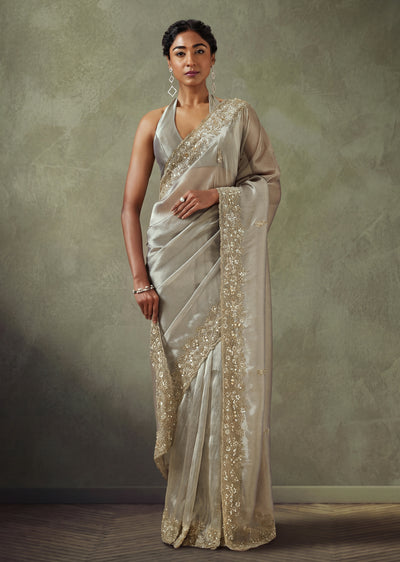 Grey Tissue Organza Saree With Cut Dana And Sequin Embellished Pallu