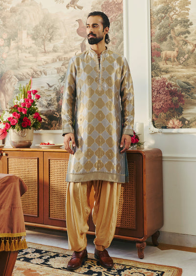 Grey Zardosi Hand Embroidered Silk Kurta Pajama Set