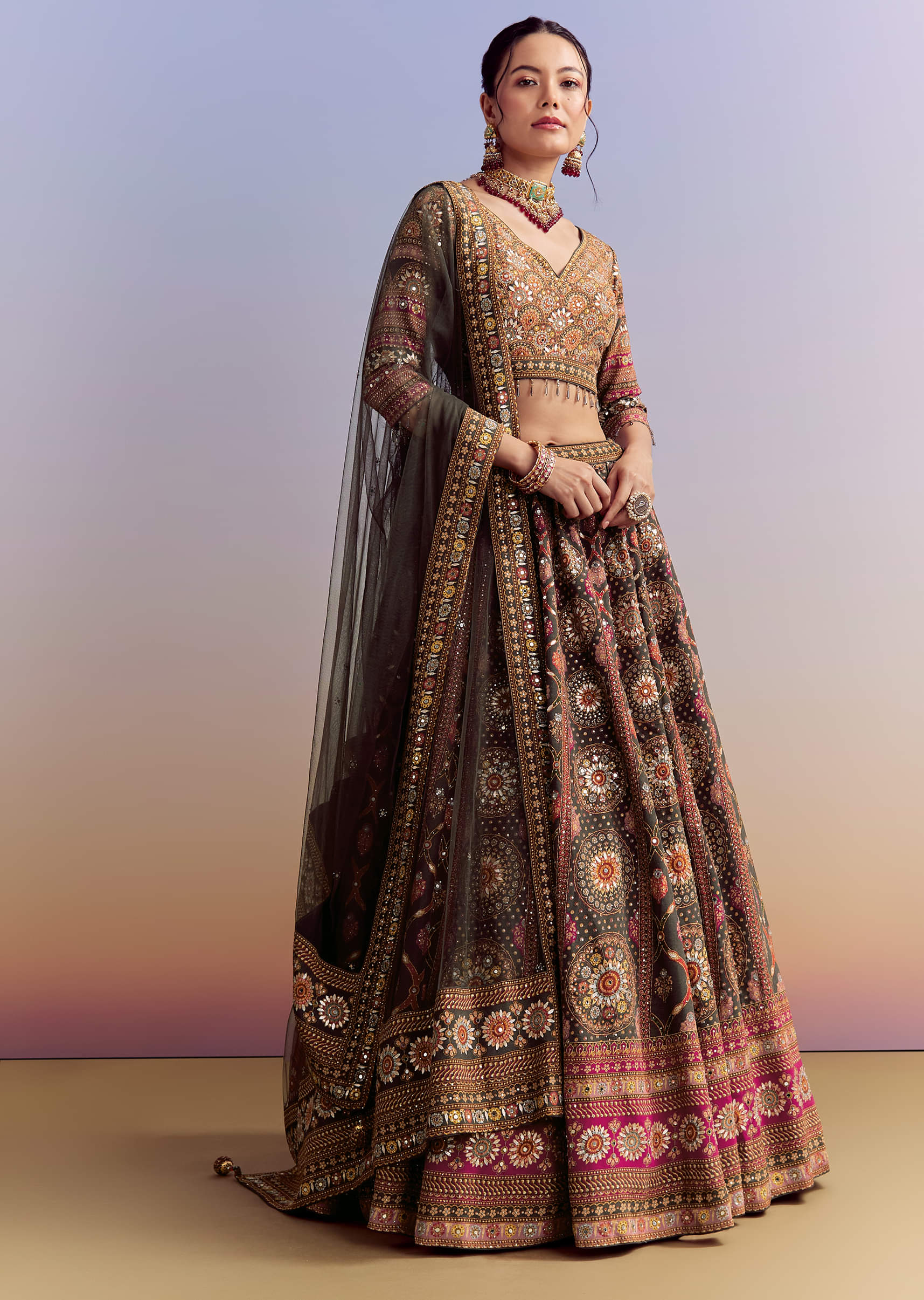 grey and red crepe printed bridesmaid lehenga with heavy-sg351707-6 6