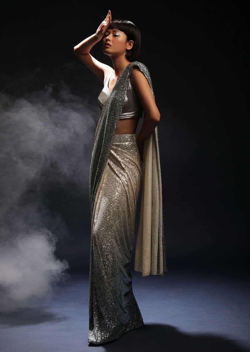 Grey And Silver Ombre Ready Pleated Saree Embellished In Sequins And Grey Velvet Blouse With Front Cut Out