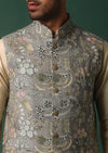 Grey Silk Jacket Kurta Set With Intricate Thread Work