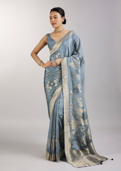 Greyish Blue Dola Silk Saree With Floral Zari Butta