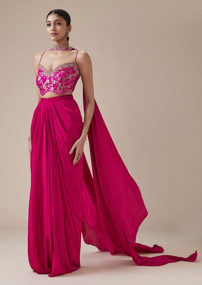Hot Pink Pure Bandhani Crop Top With Drape Skirt And Dupatta
