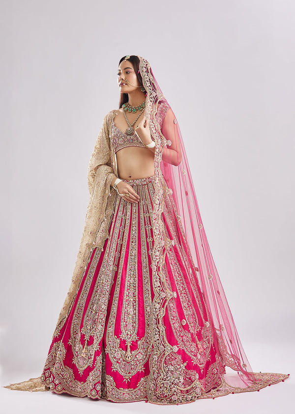 Hot Pink Self Gold Embroidery Bridal Set