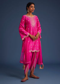 Hot Pink Silk Embroidered Kurta Dhoti Set