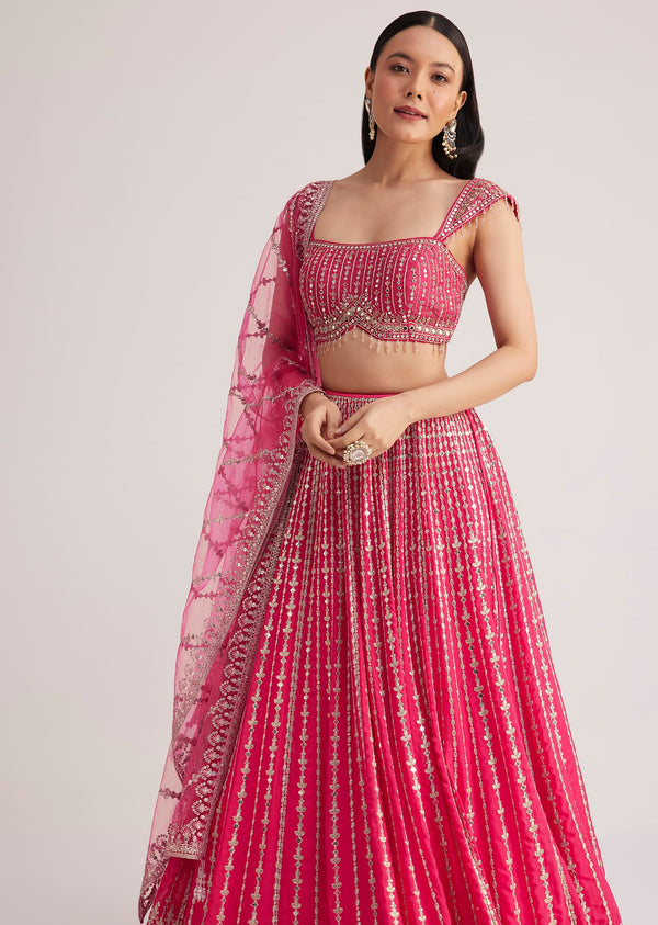Hot Pink Embroidered Lehenga Set With Mirror Work