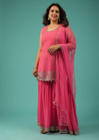 Hot Pink Georgette Sharara Suit With Bandhani Print And Embroidery
