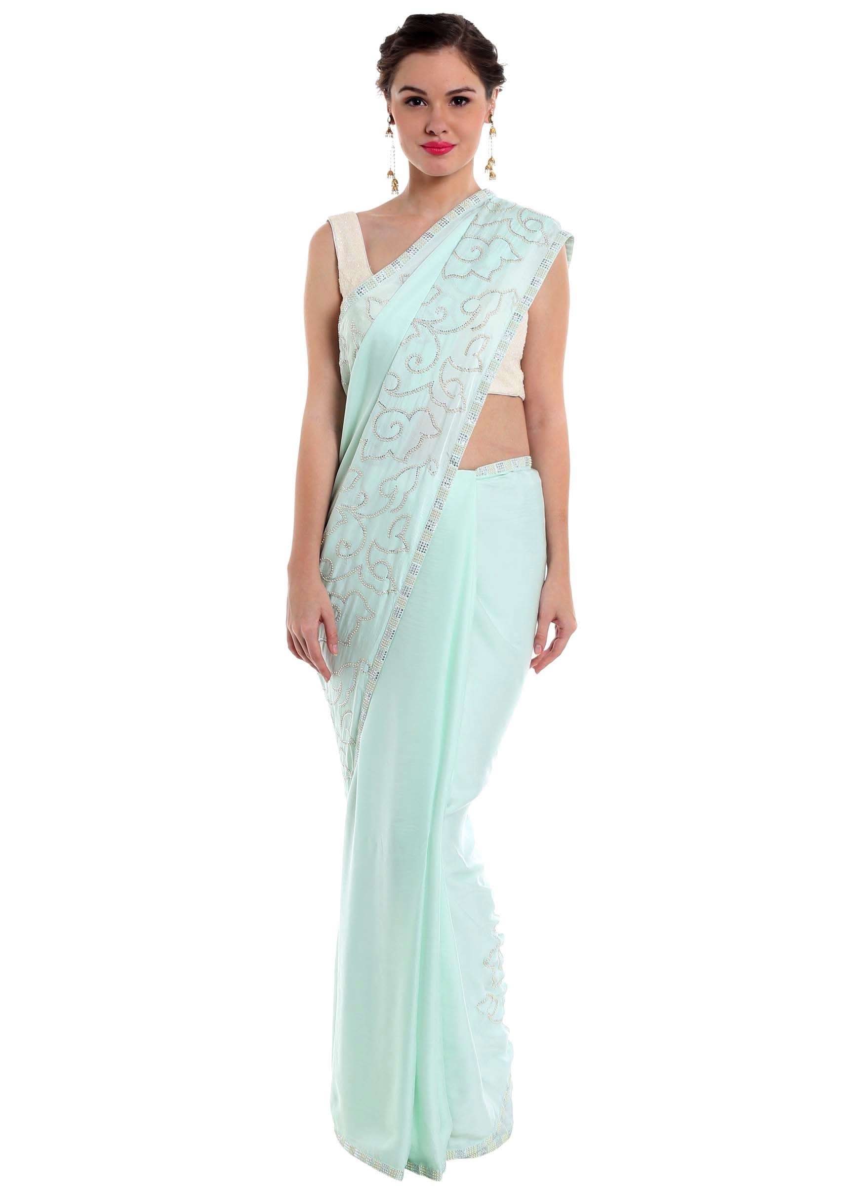 Ice blue satin saree studded with glittering kundan  only on Kalki - KALKI Fashion India