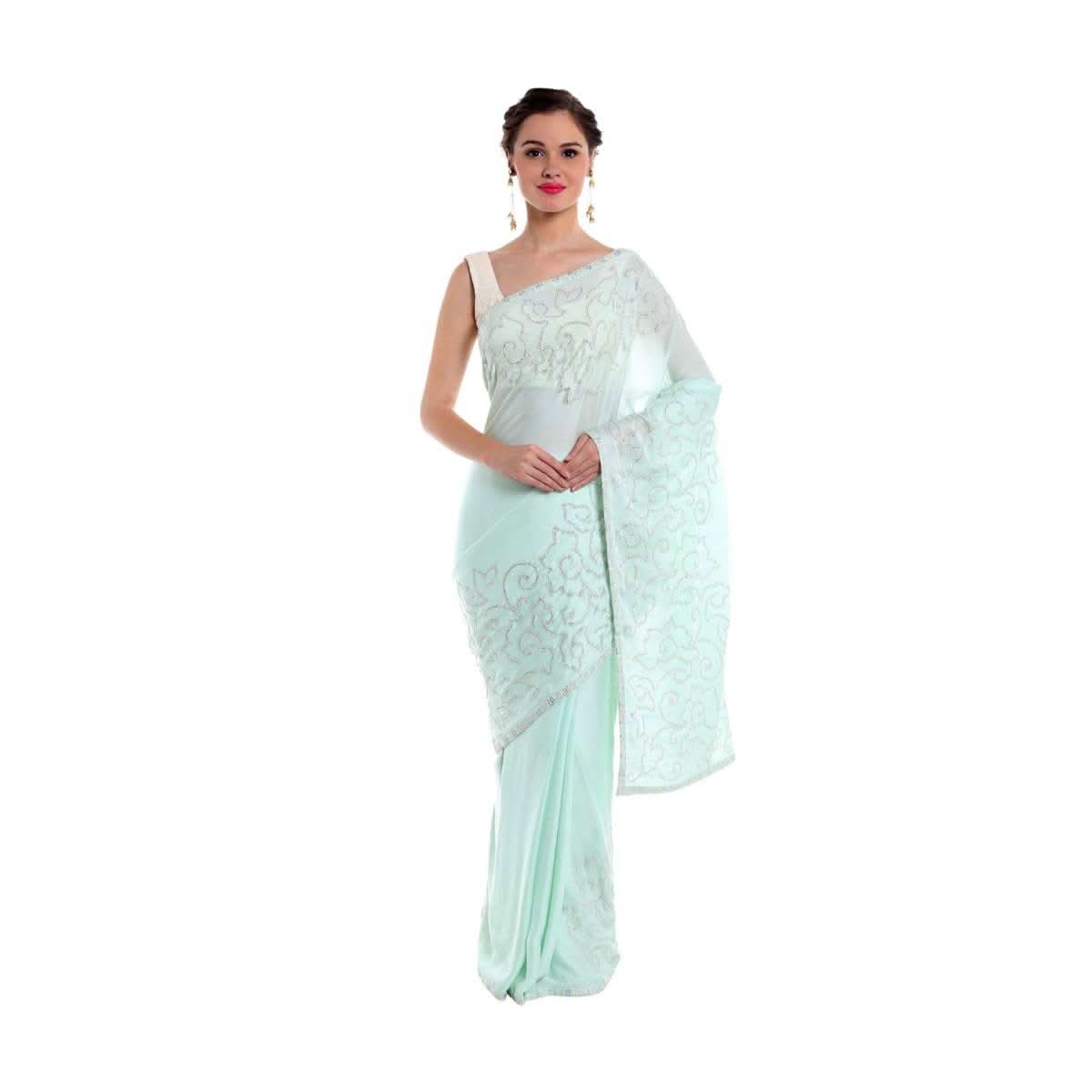 Ice blue satin saree studded with glittering kundan  only on Kalki - KALKI Fashion India