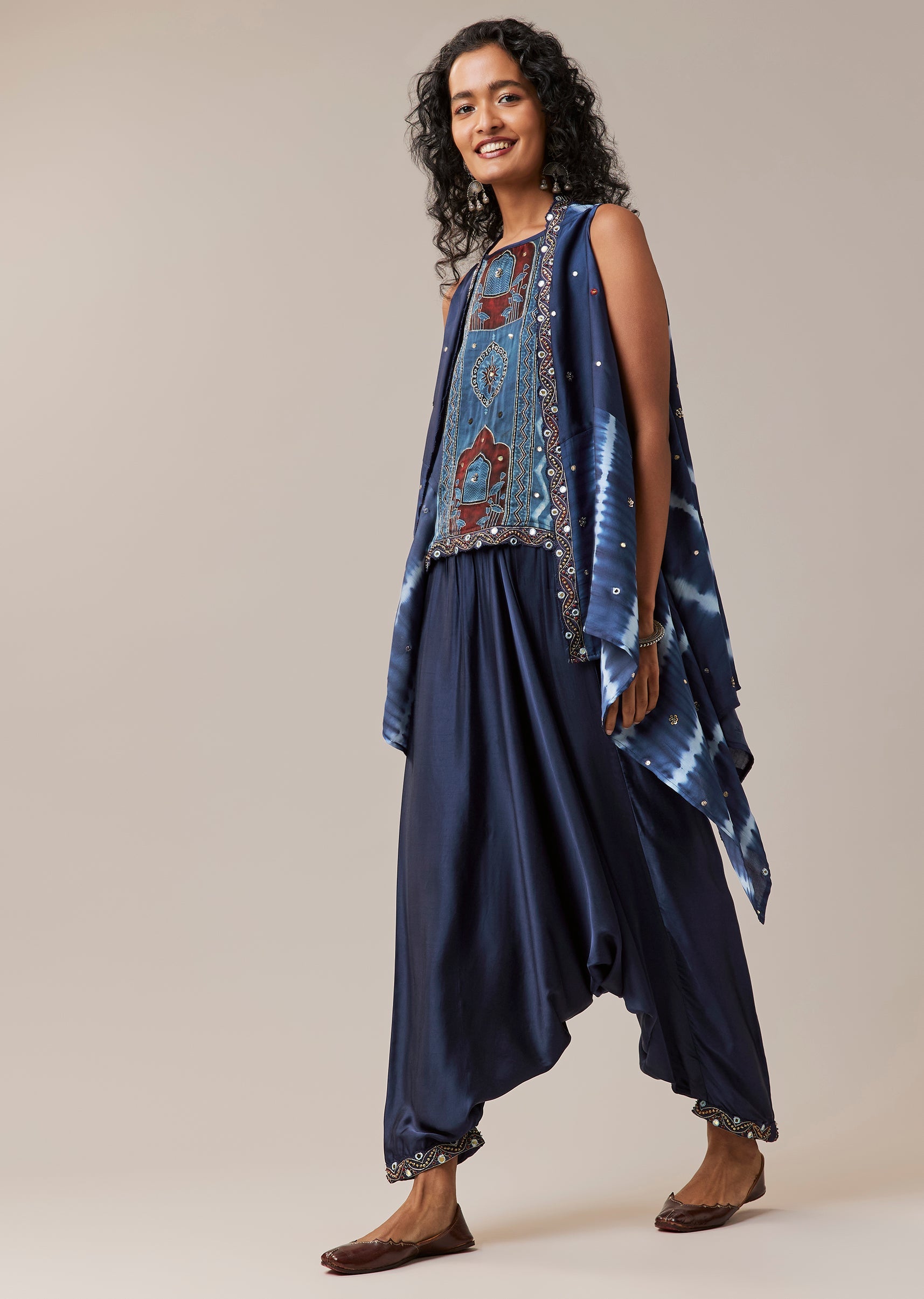 Indigo Hand Dyed Leheriya Jacket and Cowl Pant Set