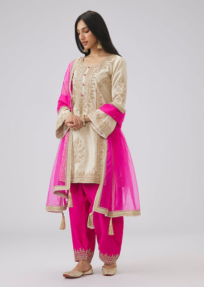 Ivory And Pink Silk Zardosi Embroidered Patiala Suit