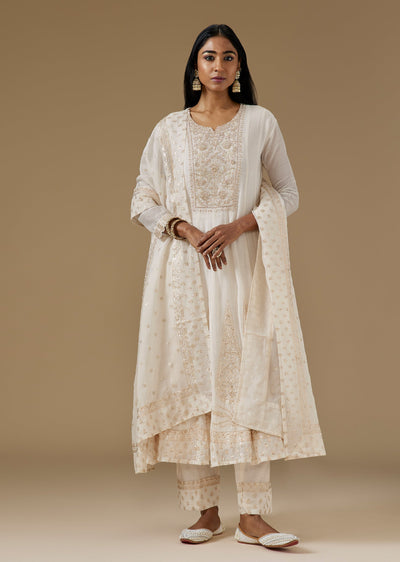 Ivory Art Silk Anarkali Suit With Cut Dana, Moti & Sequin Embroidery