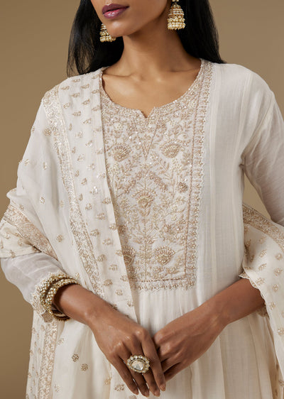 Ivory Art Silk Anarkali Suit With Cut Dana, Moti & Sequin Embroidery