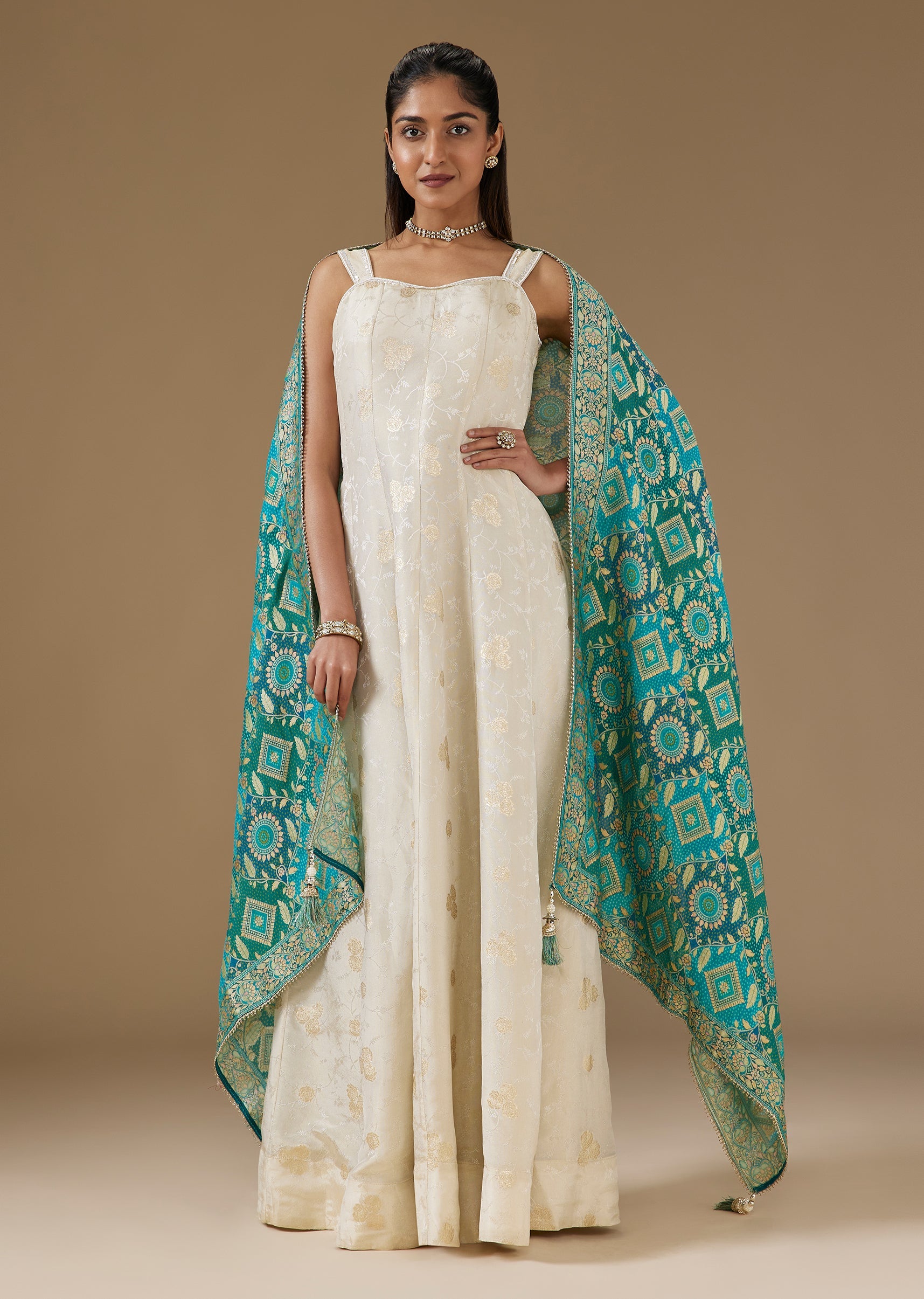 Ivory Banarasi Silk Anarkali With Sequin And Cut Dana Embellished Neckline