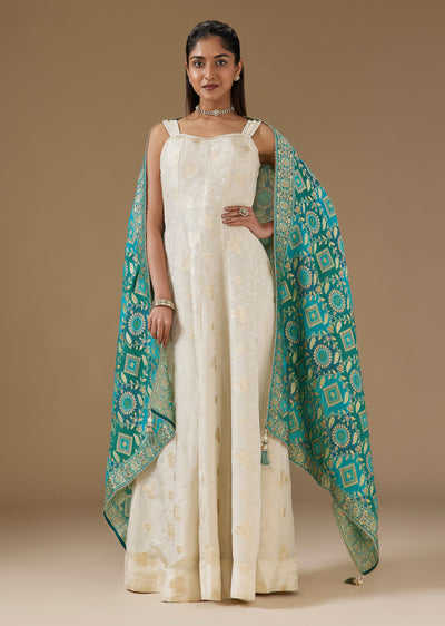 Ivory Banarasi Silk Anarkali With Sequin And Cut Dana Embellished Neckline