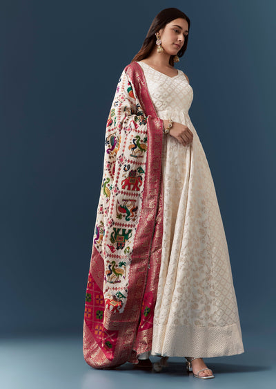 Ivory Banarasi Weave Silk Anarkali Set