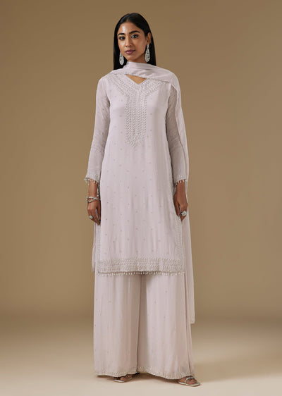 Ivory Chinon Palazzo Suit With Scattered Butti And Moti Embroidery