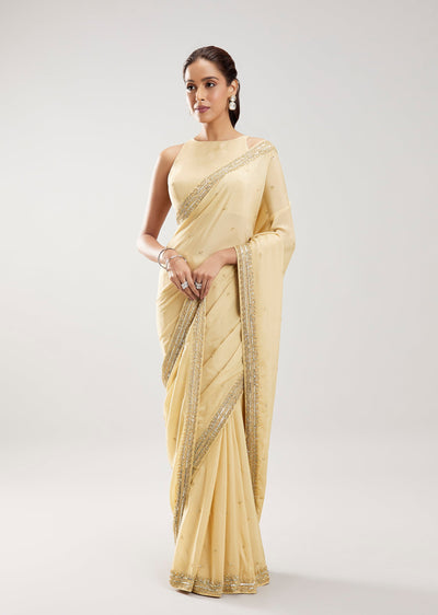 Ivory Chinon Saree With Cut Dana Embellished Border And Pallu