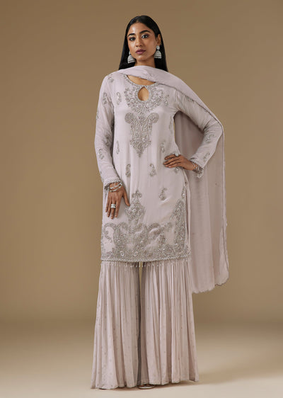 Ivory Chinon Sharara Suit With Keyhole Neck And French Knot Beadwork